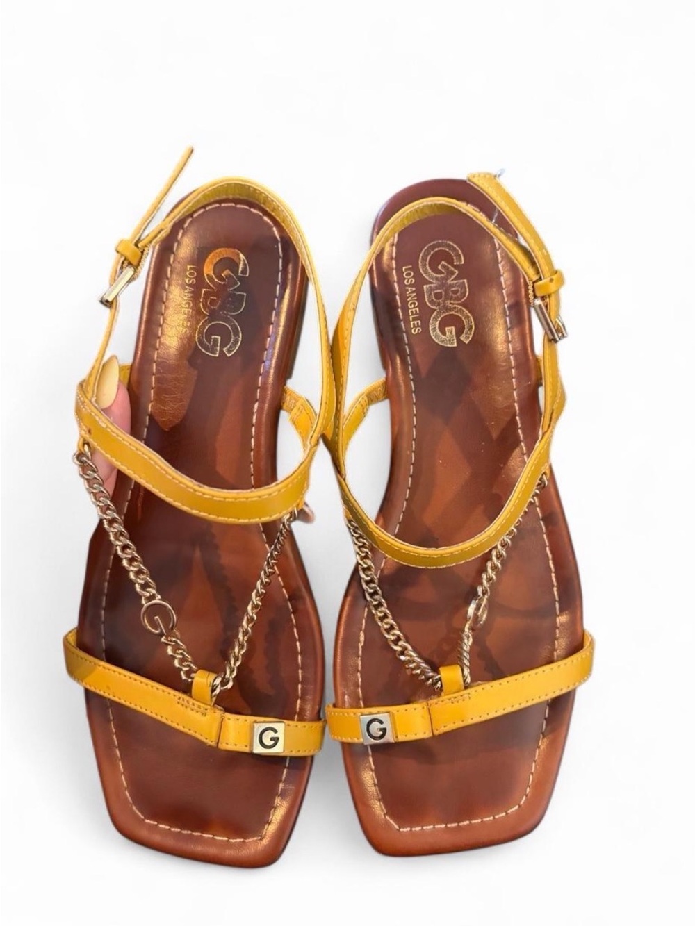 GBG Los Angeles Mustard Yellow Chain-Detail Leather Sandals